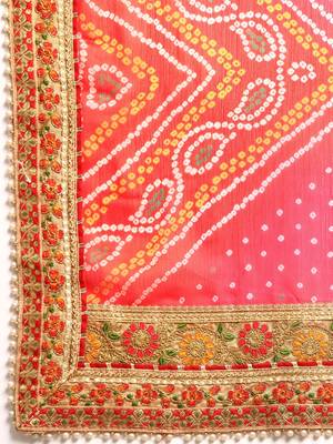 Yellow bandhani saree with lace border and unstitched blouse piece 4
