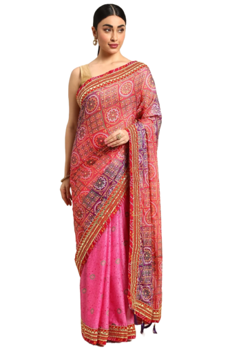 Pink bandhani saree with lace border and unstitched blouse piece