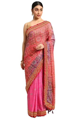 Pink bandhani saree with lace border and unstitched blouse piece