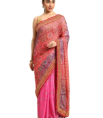 Pink bandhani saree with lace border and unstitched blouse piece