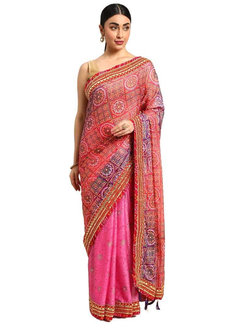 Pink bandhani saree with lace border and unstitched blouse piece