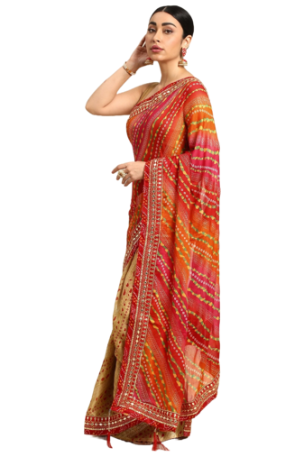 Beige bandhani saree with lace border and unstitched blouse piece
