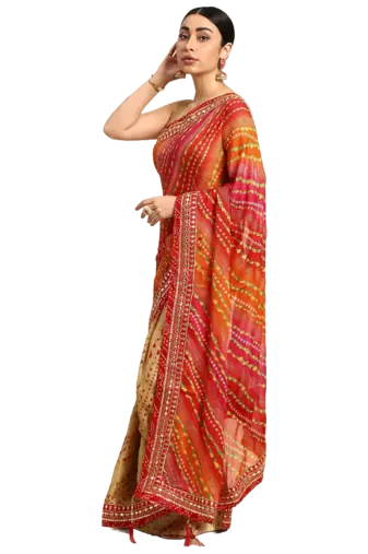 Beige bandhani saree with lace border and unstitched blouse piece