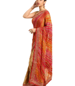 Beige bandhani saree with lace border and unstitched blouse piece