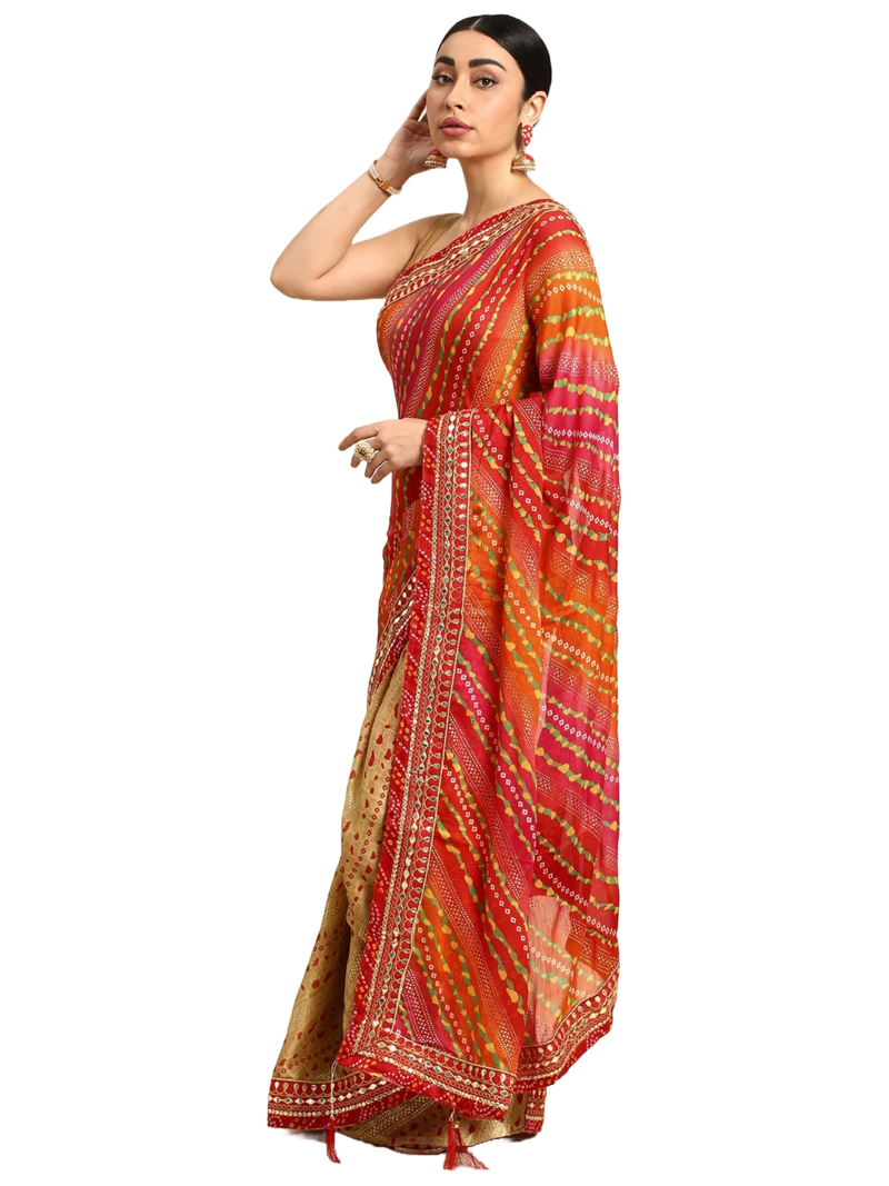 Beige bandhani saree with lace border and unstitched blouse piece
