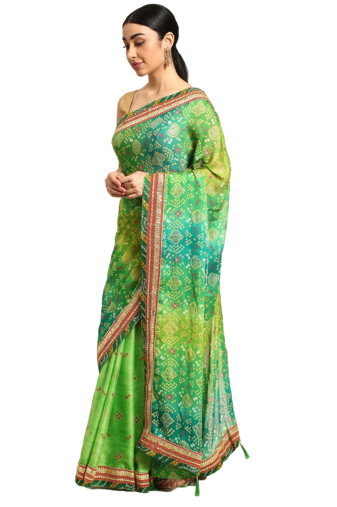 Green bandhani saree with lace border and unstitched blouse piece