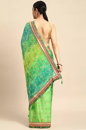Green bandhani saree with lace border and unstitched blouse piece