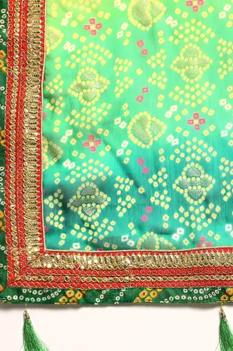 Green bandhani saree with lace border and unstitched blouse piece