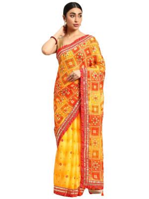 Yellow bandhani saree with lace border and unstitched blouse piece 1