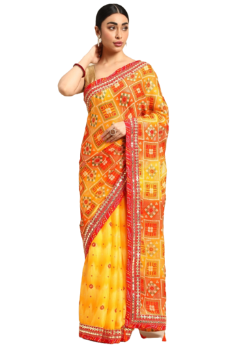 Yellow bandhani saree with lace border and unstitched blouse piece