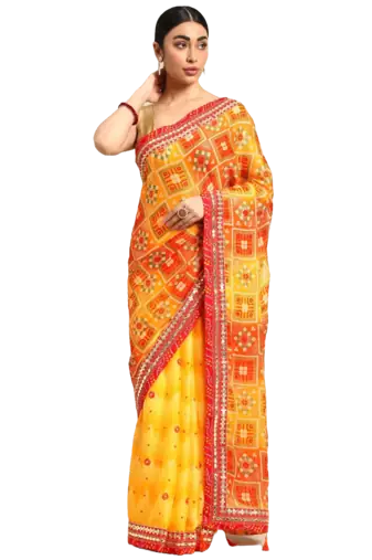 Yellow bandhani saree with lace border and unstitched blouse piece