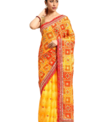 Yellow bandhani saree with lace border and unstitched blouse piece