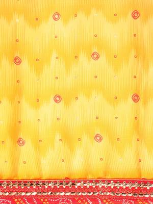 Yellow bandhani saree with lace border and unstitched blouse piece 5