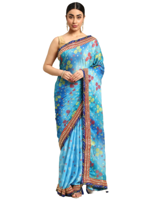 Blue bandhani saree with lace border and unstitched blouse piece 1