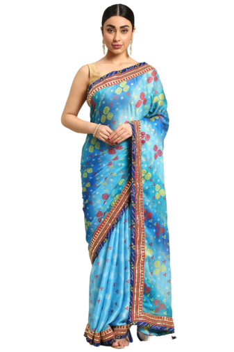 Blue bandhani saree with lace border and unstitched blouse piece