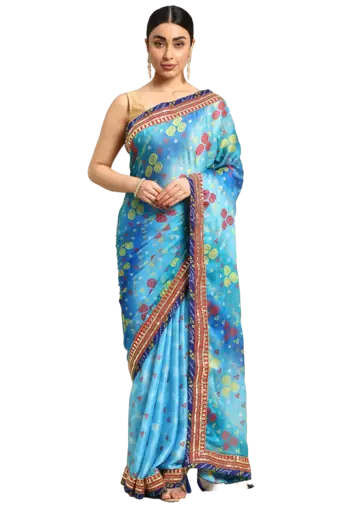 Blue bandhani saree with lace border and unstitched blouse piece