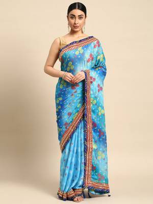 Blue bandhani saree with lace border and unstitched blouse piece 2