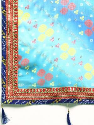Blue bandhani saree with lace border and unstitched blouse piece 4