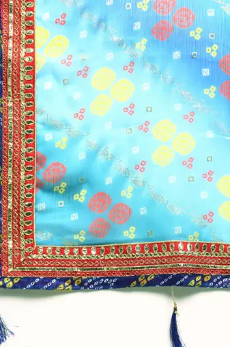 Blue bandhani saree with lace border and unstitched blouse piece