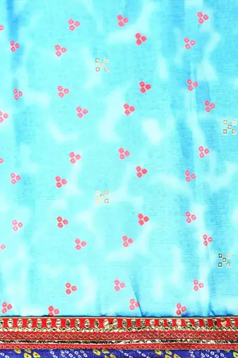 Blue bandhani saree with lace border and unstitched blouse piece
