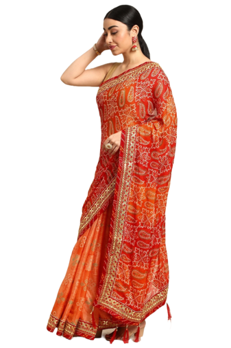 Orange bandhani saree with lace border and unstitched blouse piece