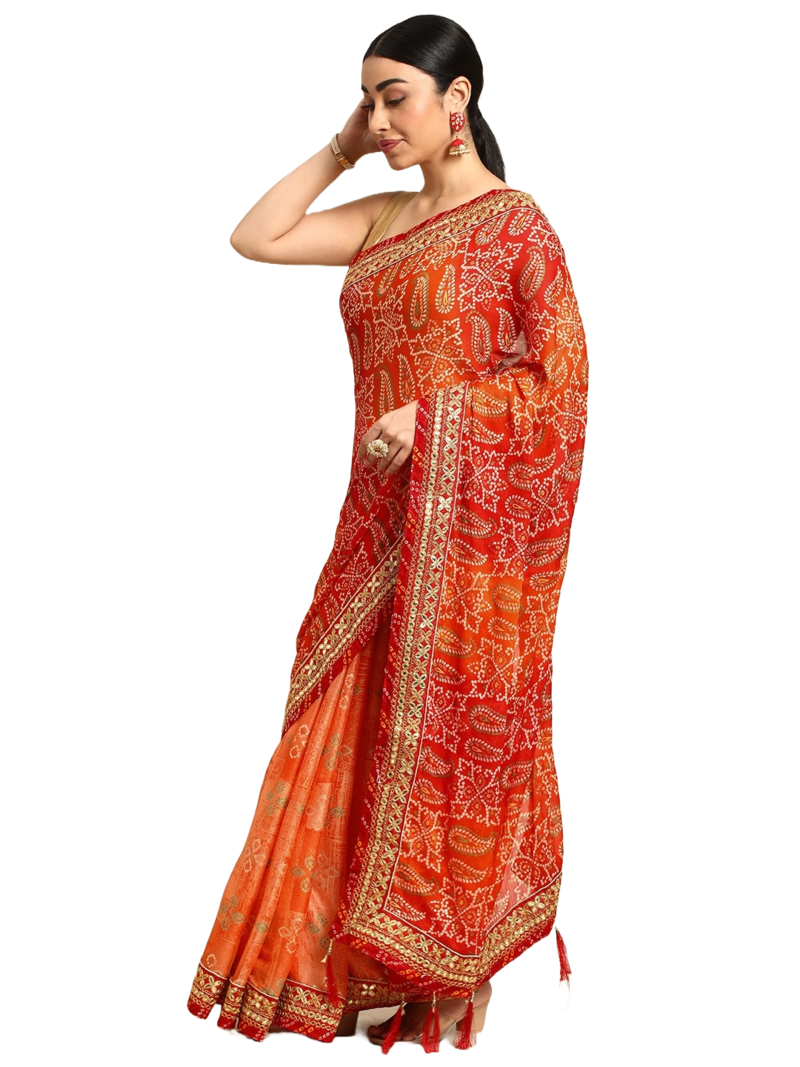 Orange bandhani saree with lace border and unstitched blouse piece