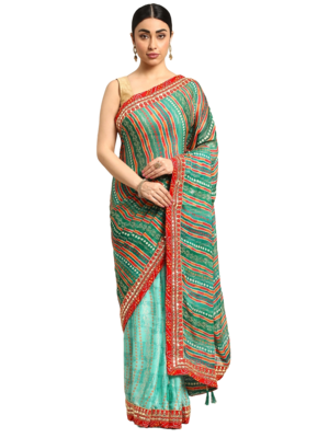 Blue bandhani saree with lace border and unstitched blouse piece 1