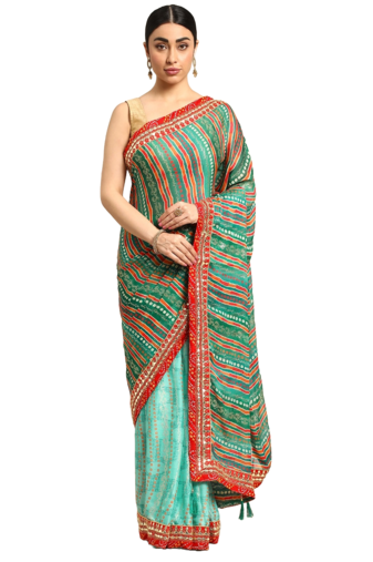 Blue bandhani saree with lace border and unstitched blouse piece