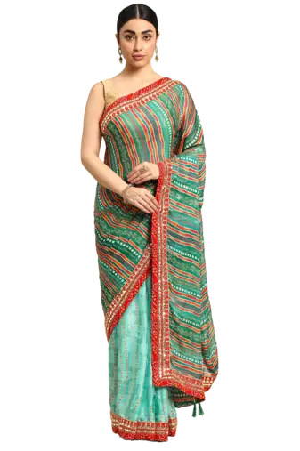 Blue bandhani saree with lace border and unstitched blouse piece