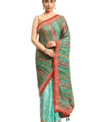 Blue bandhani saree with lace border and unstitched blouse piece