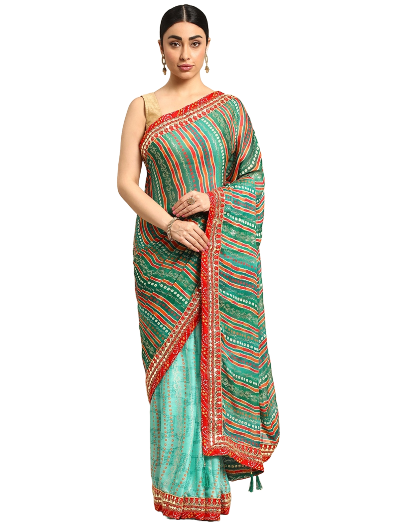 Blue bandhani saree with lace border and unstitched blouse piece