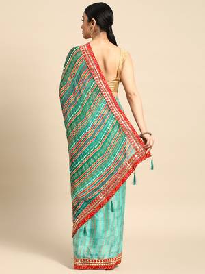 Blue bandhani saree with lace border and unstitched blouse piece 2