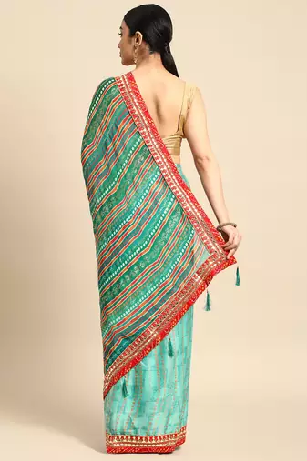 Blue bandhani saree with lace border and unstitched blouse piece