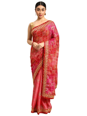 Red bandhani saree with lace border and unstitched blouse piece 1