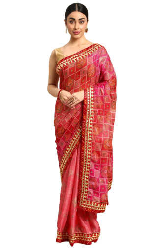 Red bandhani saree with lace border and unstitched blouse piece