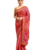Red bandhani saree with lace border and unstitched blouse piece