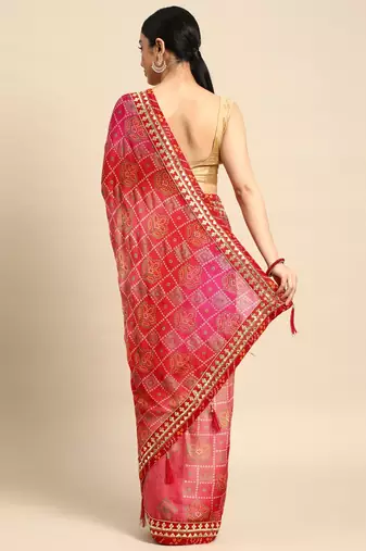 Red bandhani saree with lace border and unstitched blouse piece