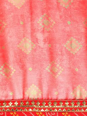 Red bandhani saree with lace border and unstitched blouse piece 5