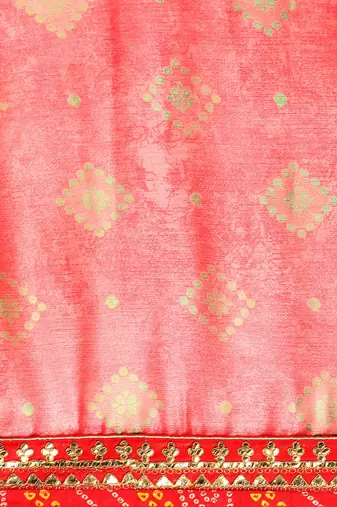 Red bandhani saree with lace border and unstitched blouse piece