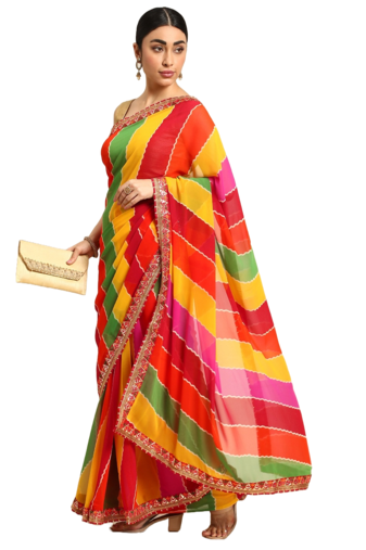 Red leheriya saree with  unstitched blouse piece