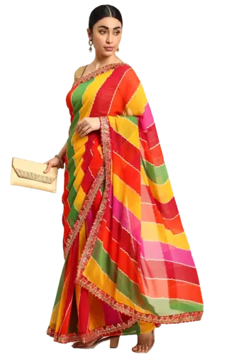 Red leheriya saree with  unstitched blouse piece