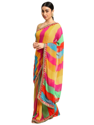 Pink leheriya saree with  unstitched blouse piece 1