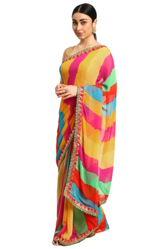 Pink leheriya saree with  unstitched blouse piece