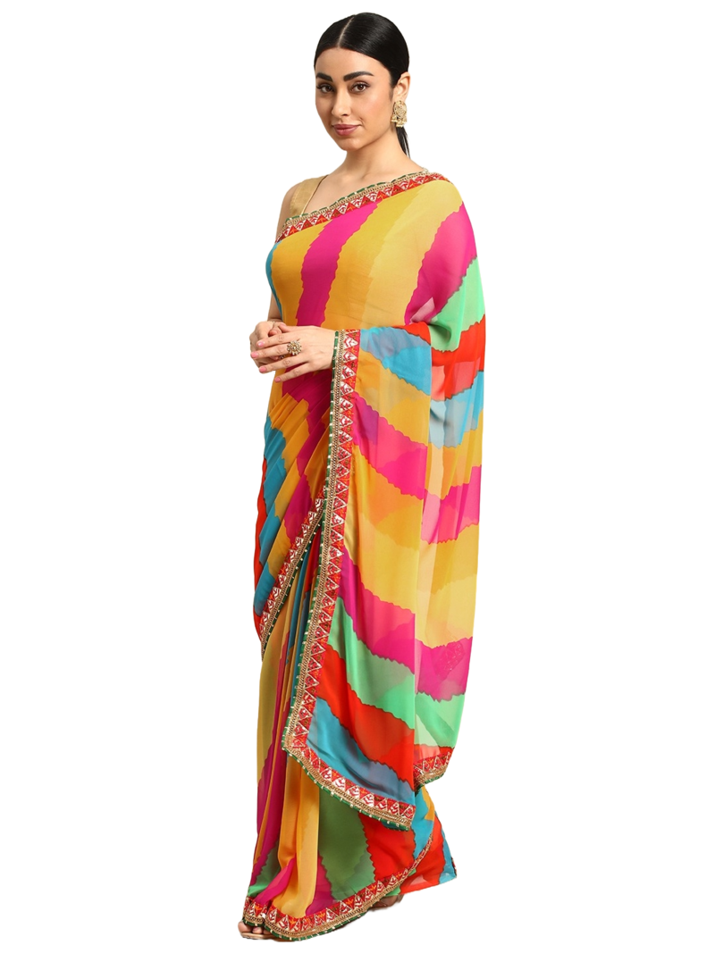 Pink leheriya saree with  unstitched blouse piece