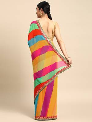 Pink leheriya saree with  unstitched blouse piece 2
