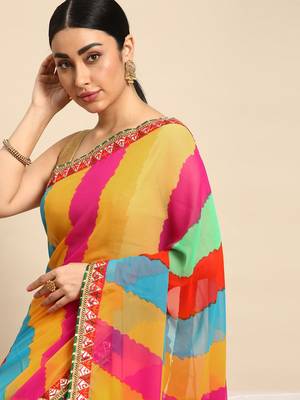 Pink leheriya saree with  unstitched blouse piece 3