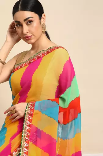 Pink leheriya saree with  unstitched blouse piece