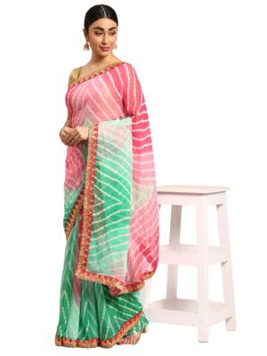 Green leheriya saree with  unstitched blouse piece 1