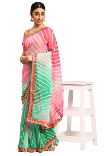 Green leheriya saree with  unstitched blouse piece