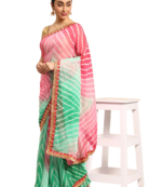 Green leheriya saree with  unstitched blouse piece